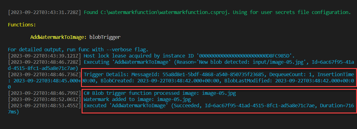Visual Studio Code Terminal window showing the Azure Function trigger logs from the upload file action executed previously