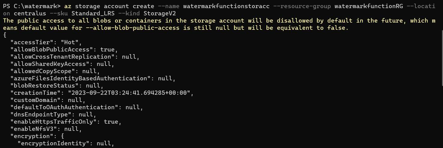 Creating a new Azure Storage Account from Azure Command Line and corresponding output