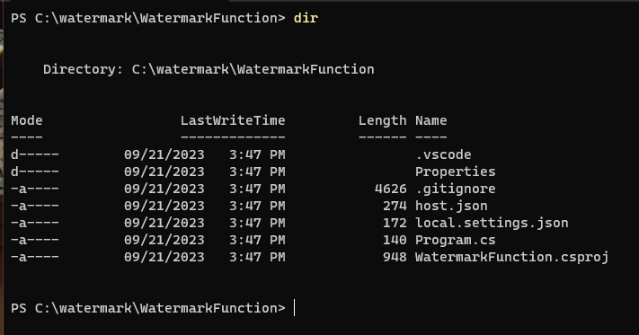 Using dir to get the output view of the Azure Function template created source code files