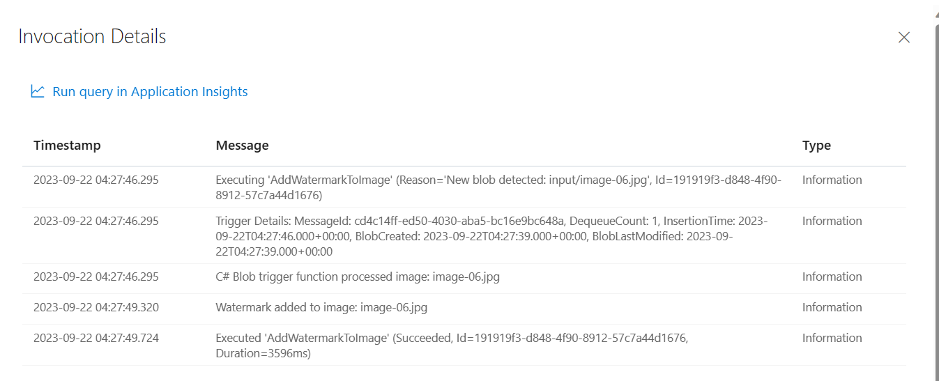 Azure Function Monitor showing invocation details for a specific triggered action