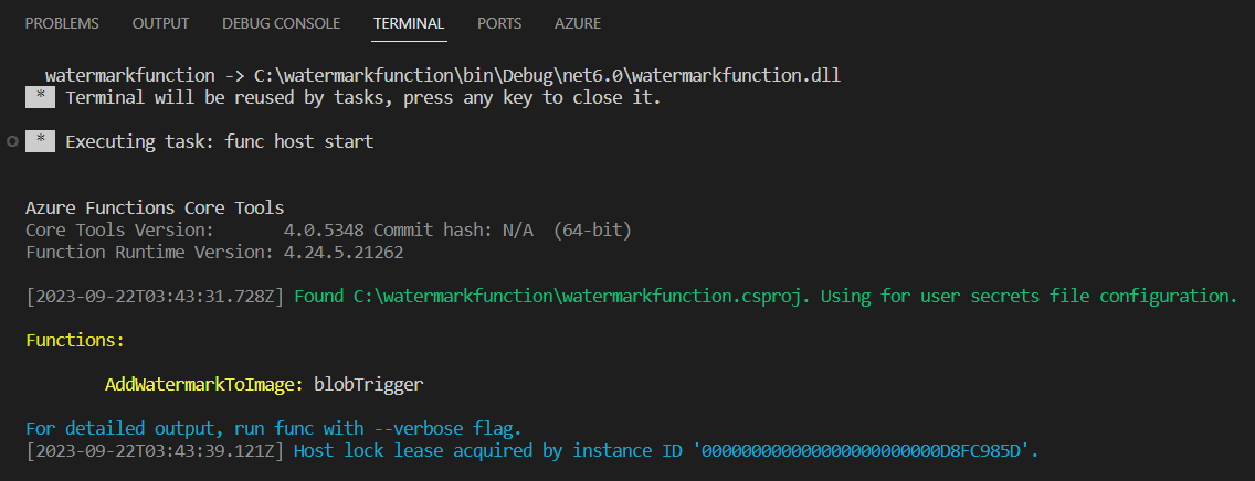 Visual Studio Code Terminal window showing the Azure Functions Core Tools output with a running Function