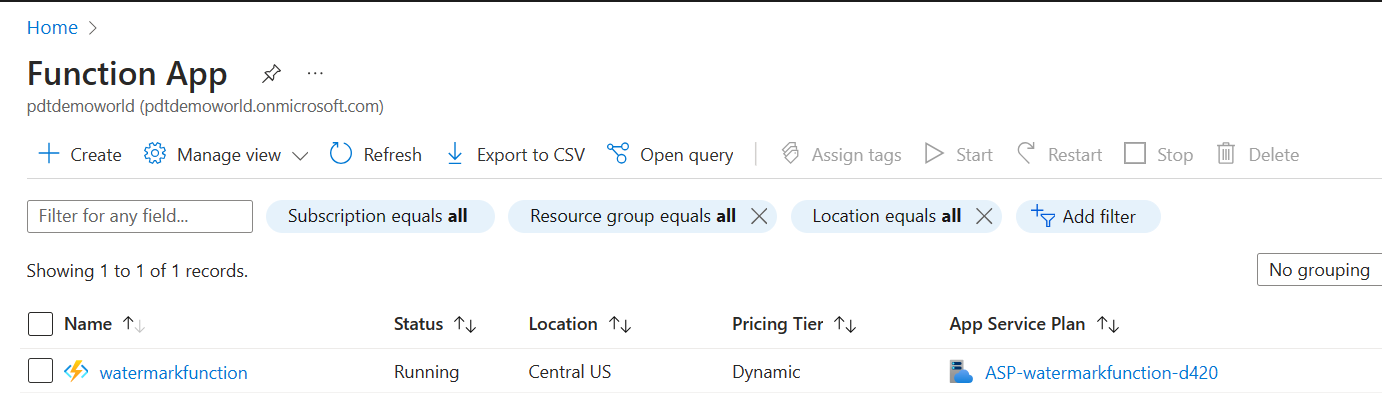 Azure Portal showing the Azure Function App resource “watermarkfunction”  