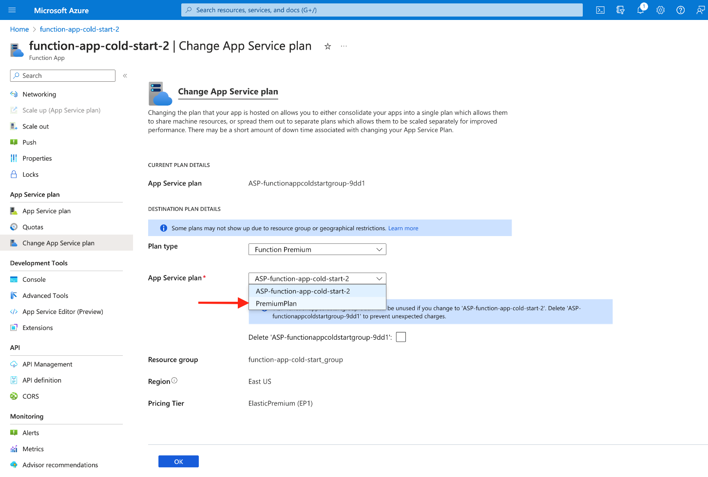Changing the app service plan again