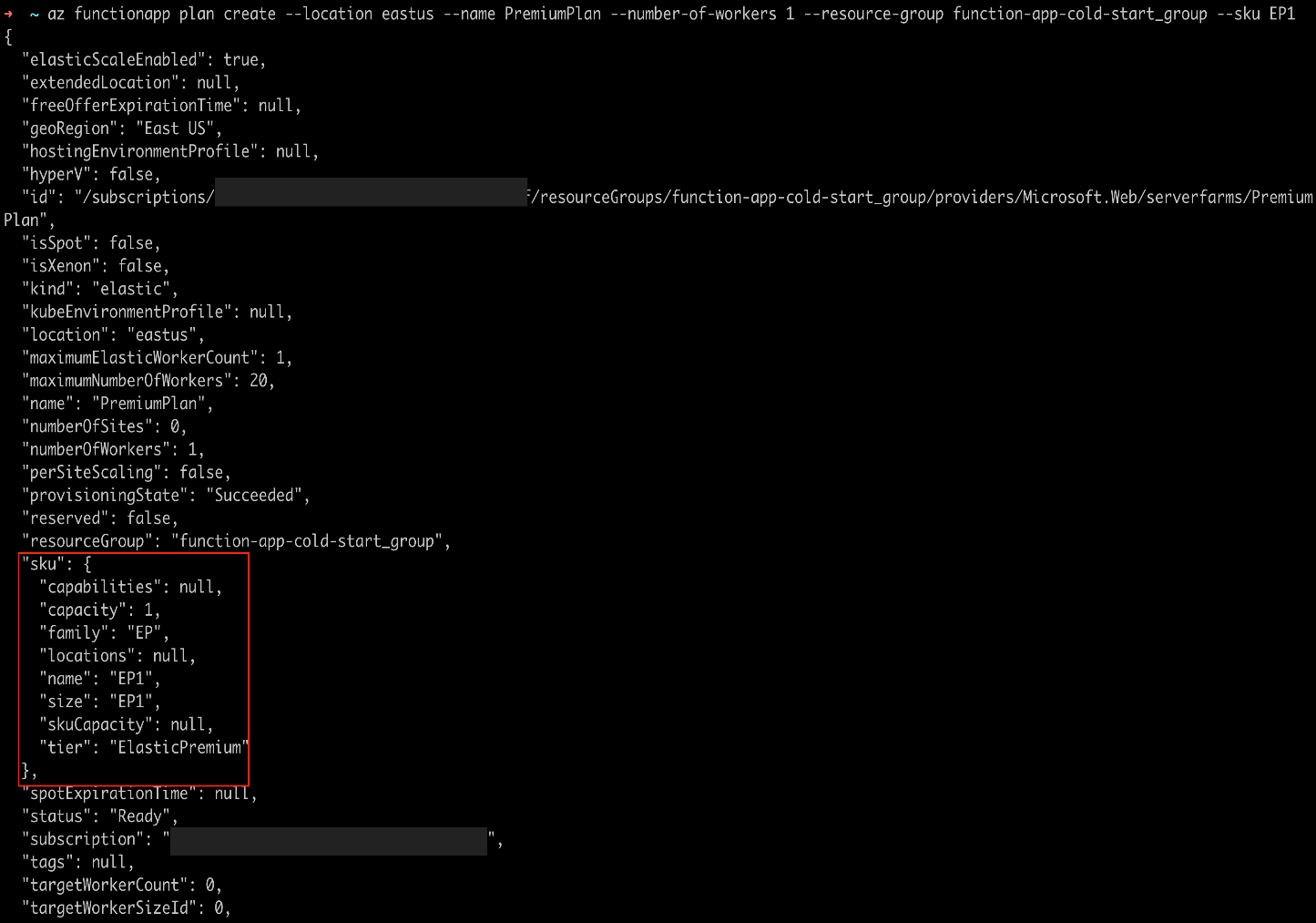 The JSON response from creating a Premium service plan