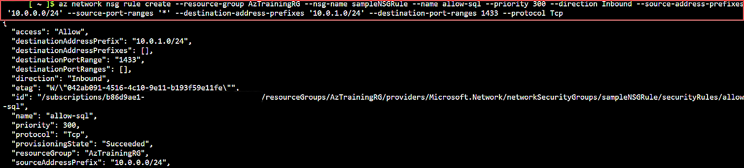 Azure CLI Command specifying the SQL-Server port traffic configuration