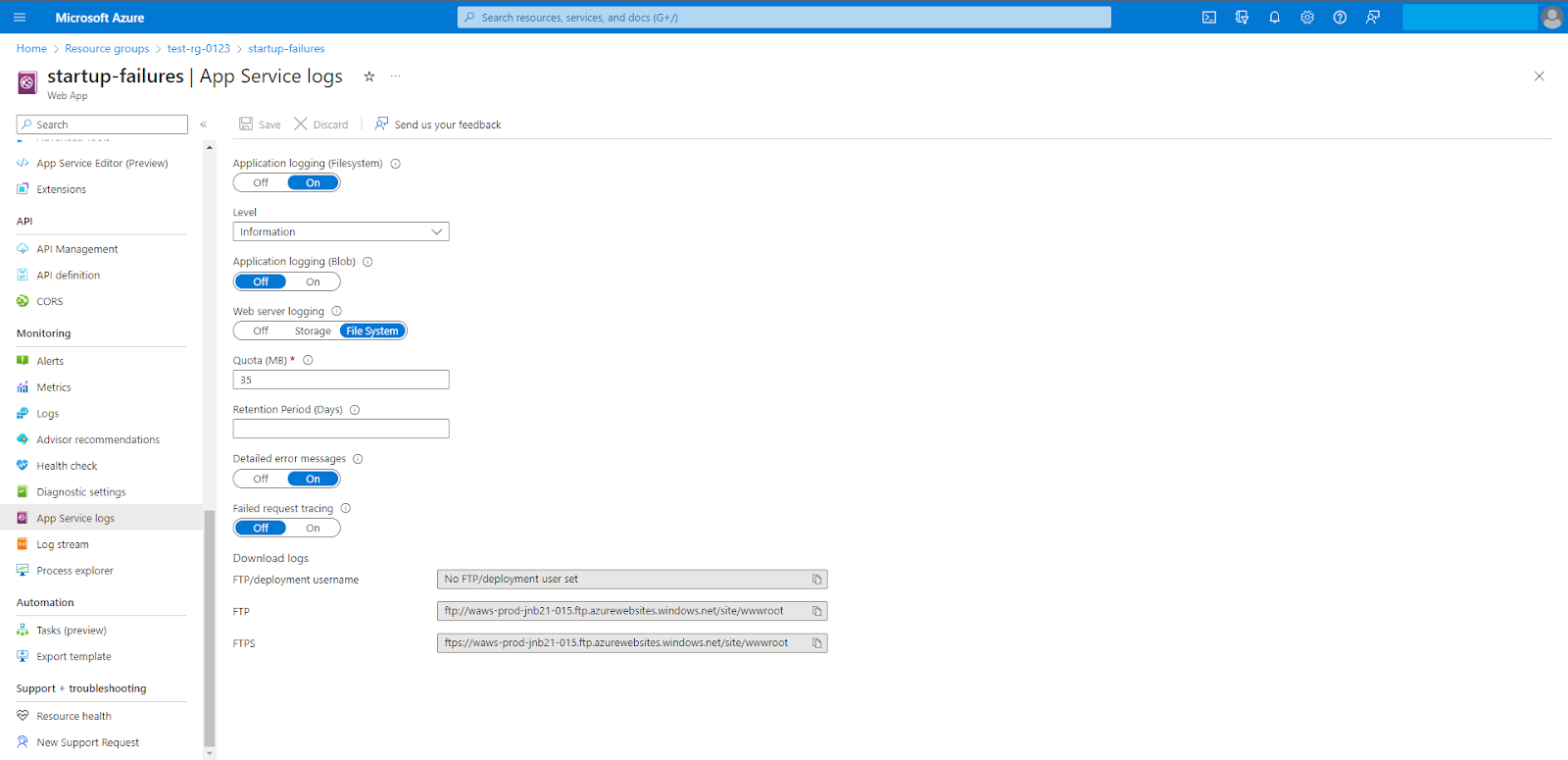 Configuring Application Logging and Detailed error messages