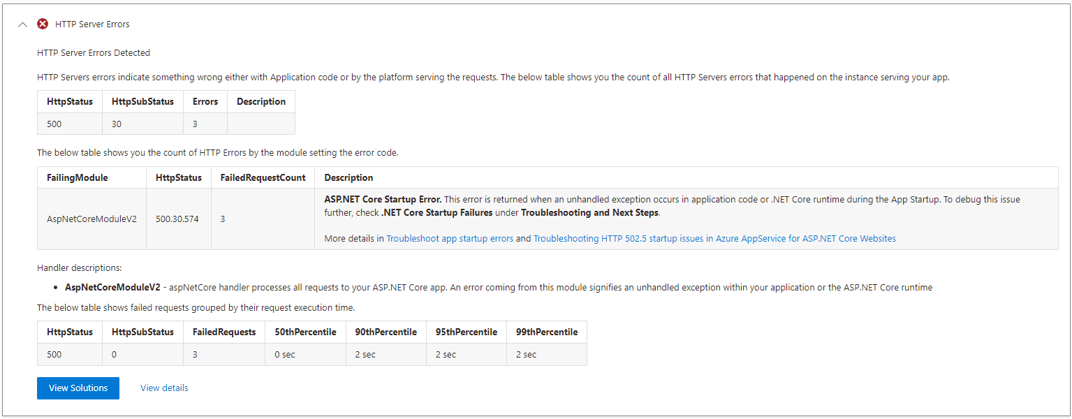 Details from an HTTP server error