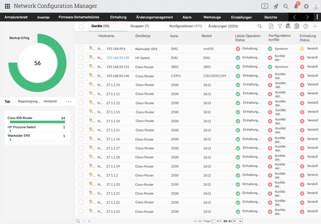 Network Configuration Manager product screen showing device configurations changes and conflicts