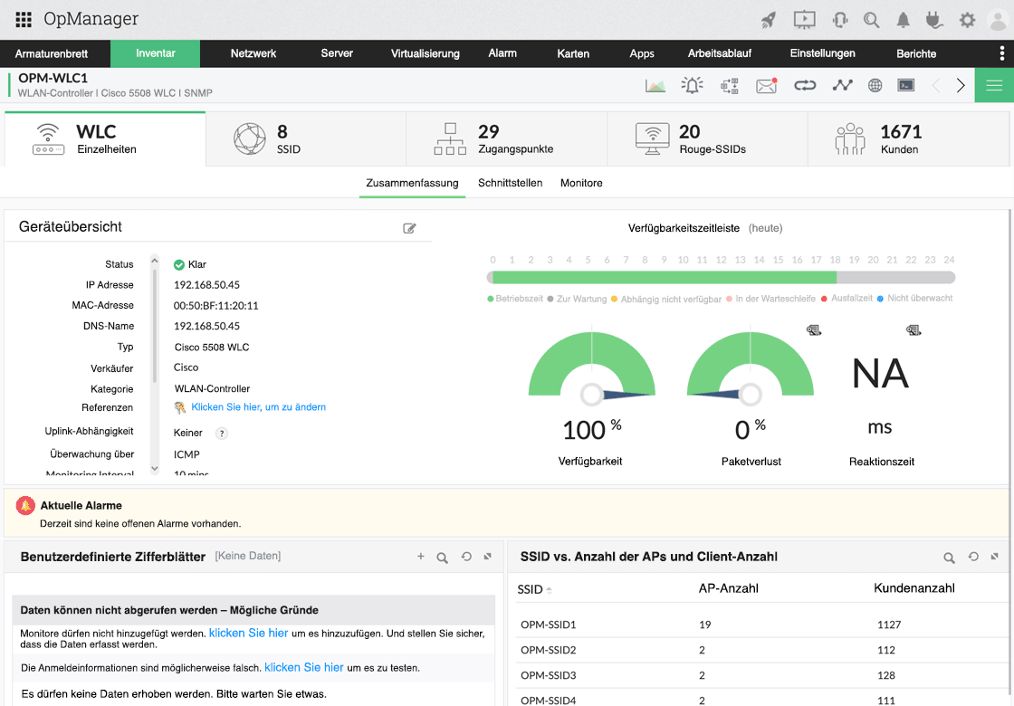 OpManager product screen displaying network device statistics