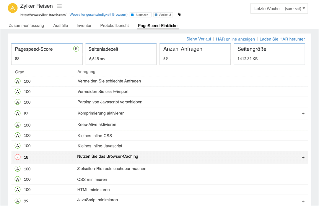 Image of passed and failed PageSpeed recommendations grouped by categories