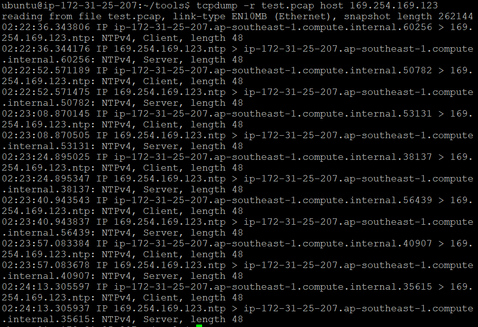 Fig. 4: tcpdump filtering network packets by their host IP