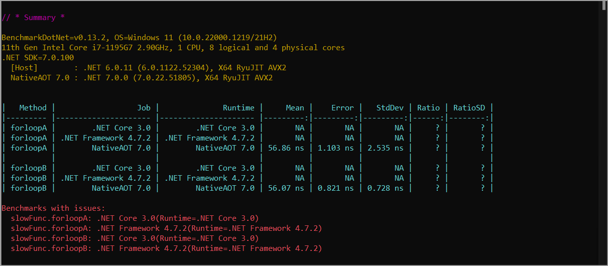 BenchmarkDotNet summary results