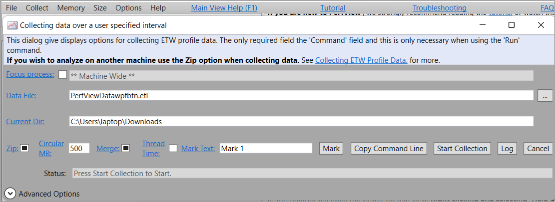 Collecting data over a user-specified interval