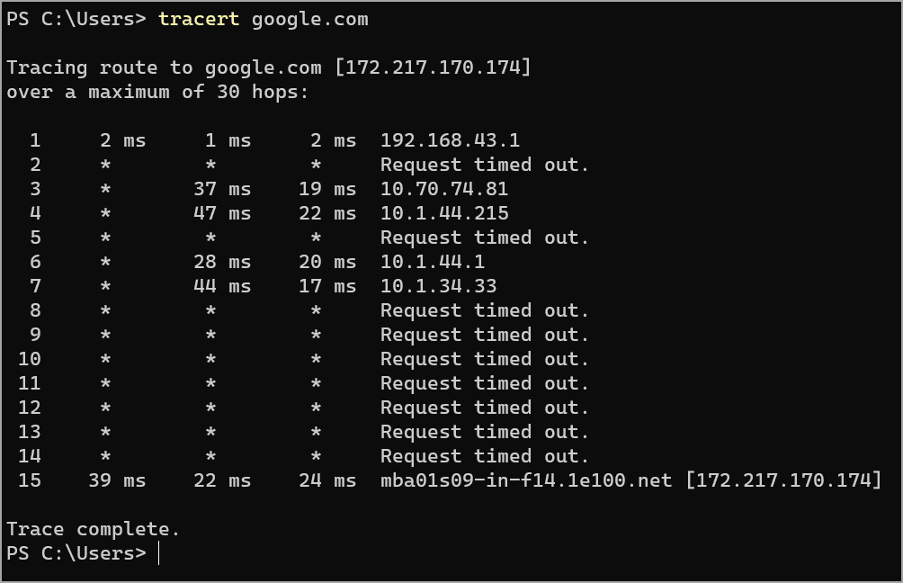 Tracert google.com