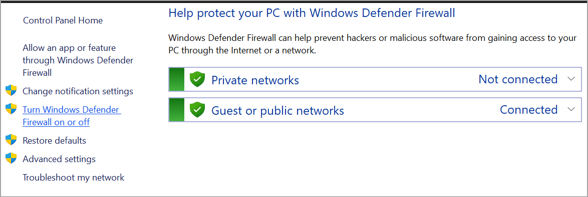 Windows Defender Firewall settings