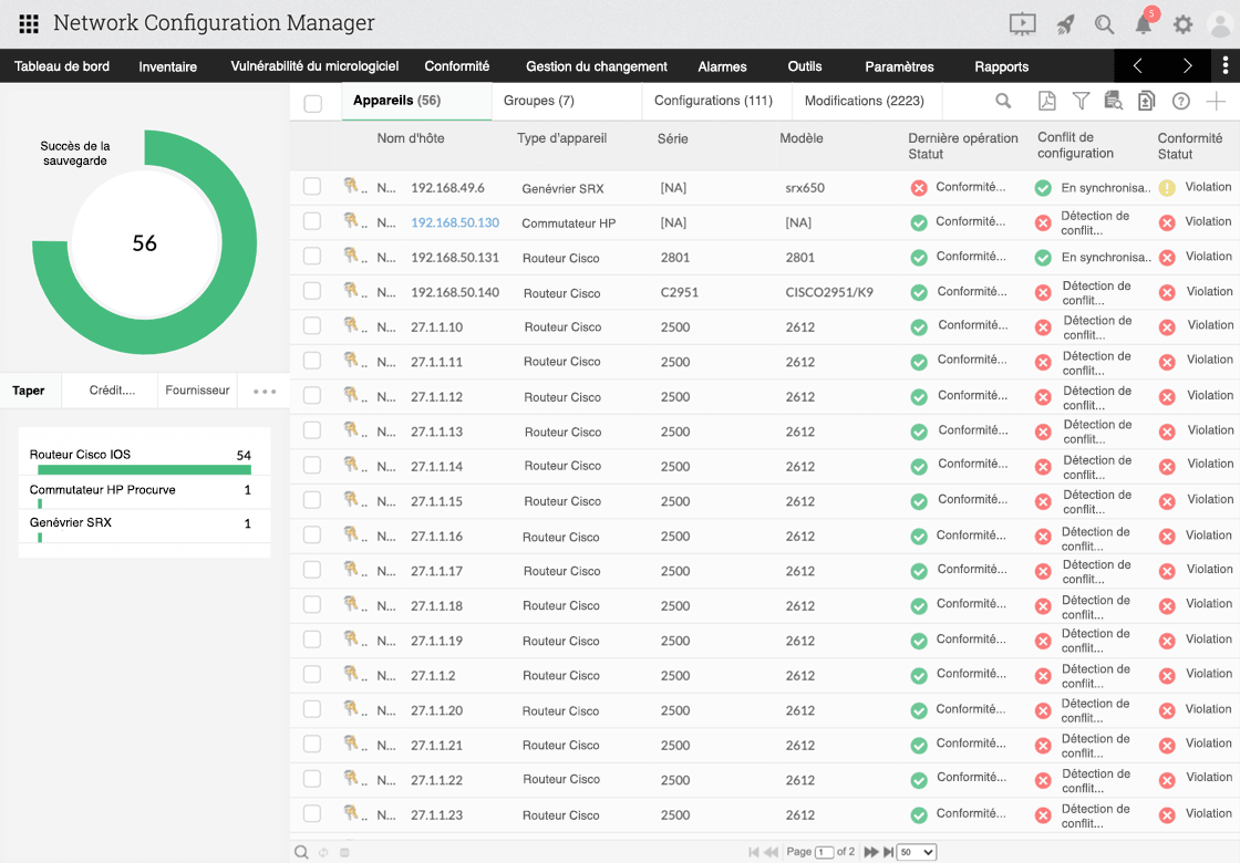 Network Configuration Manager product screen showing device configurations changes and conflicts