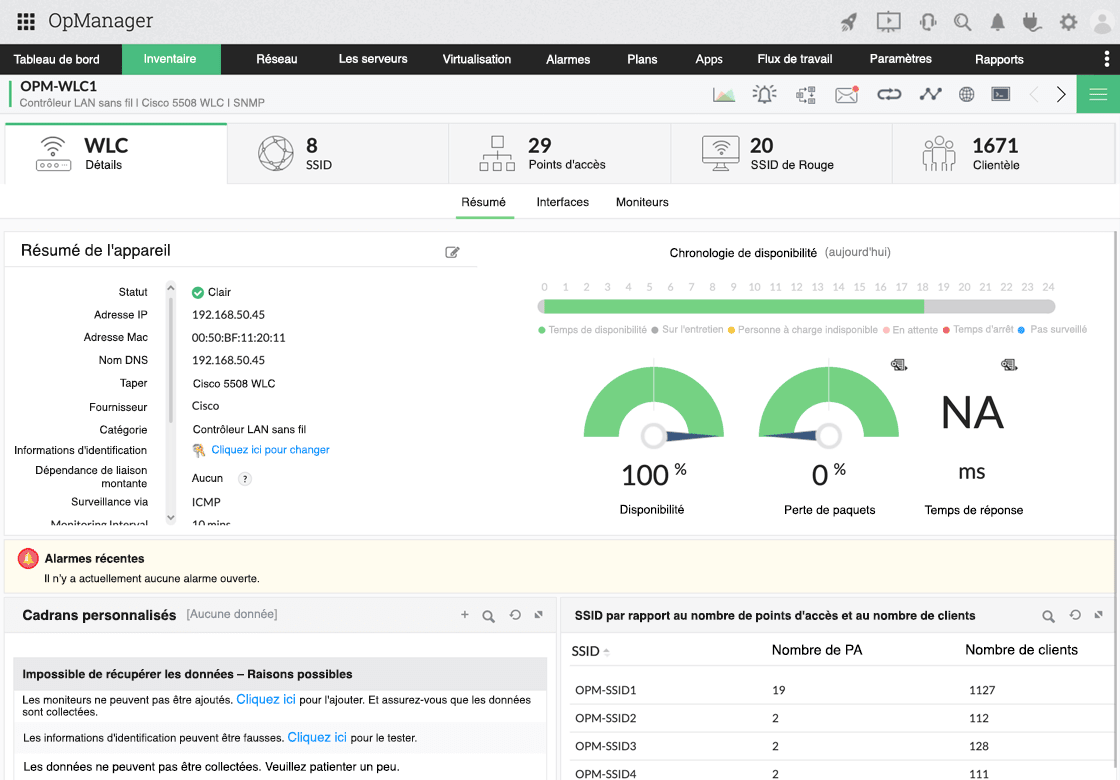 OpManager product screen displaying network device statistics