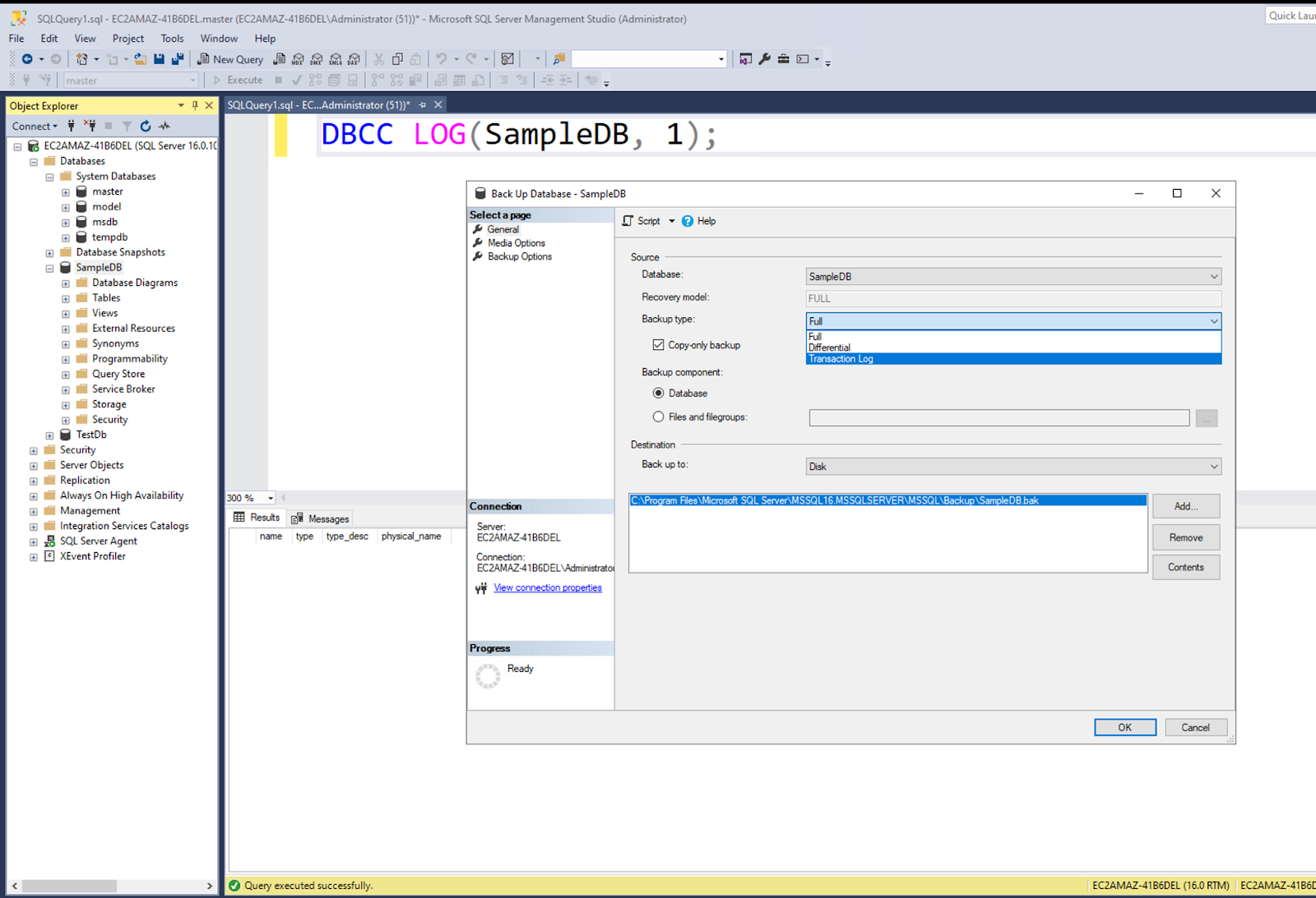 The Back Up Database window with the Transaction Log Back up type selected