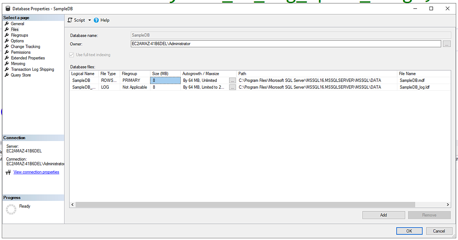 General tab of the Database Properties window showing the transaction log file location