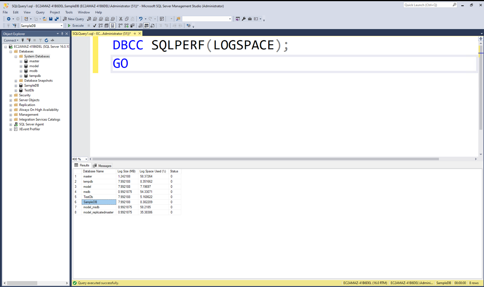 The SQLPERF DBBC function retrieving the transaction log size statistics