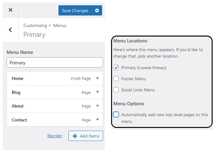 WordPress menu location options