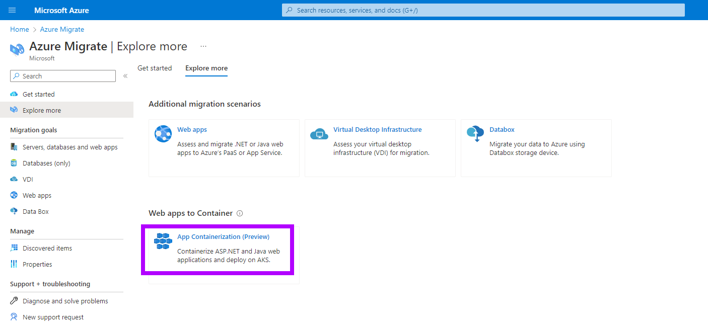 The Azure Migrate blade in Azure Portal