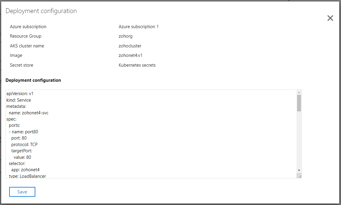 The deployment configuration details