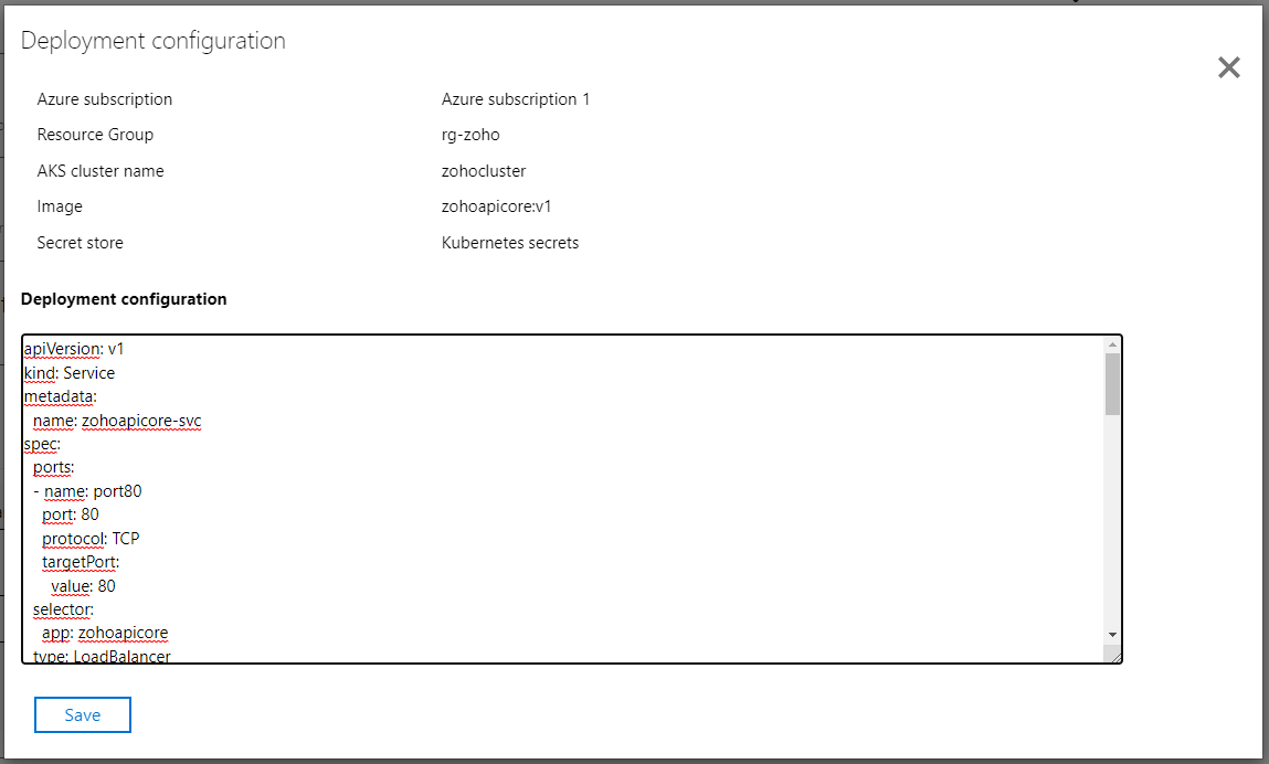 The deployment configuration details