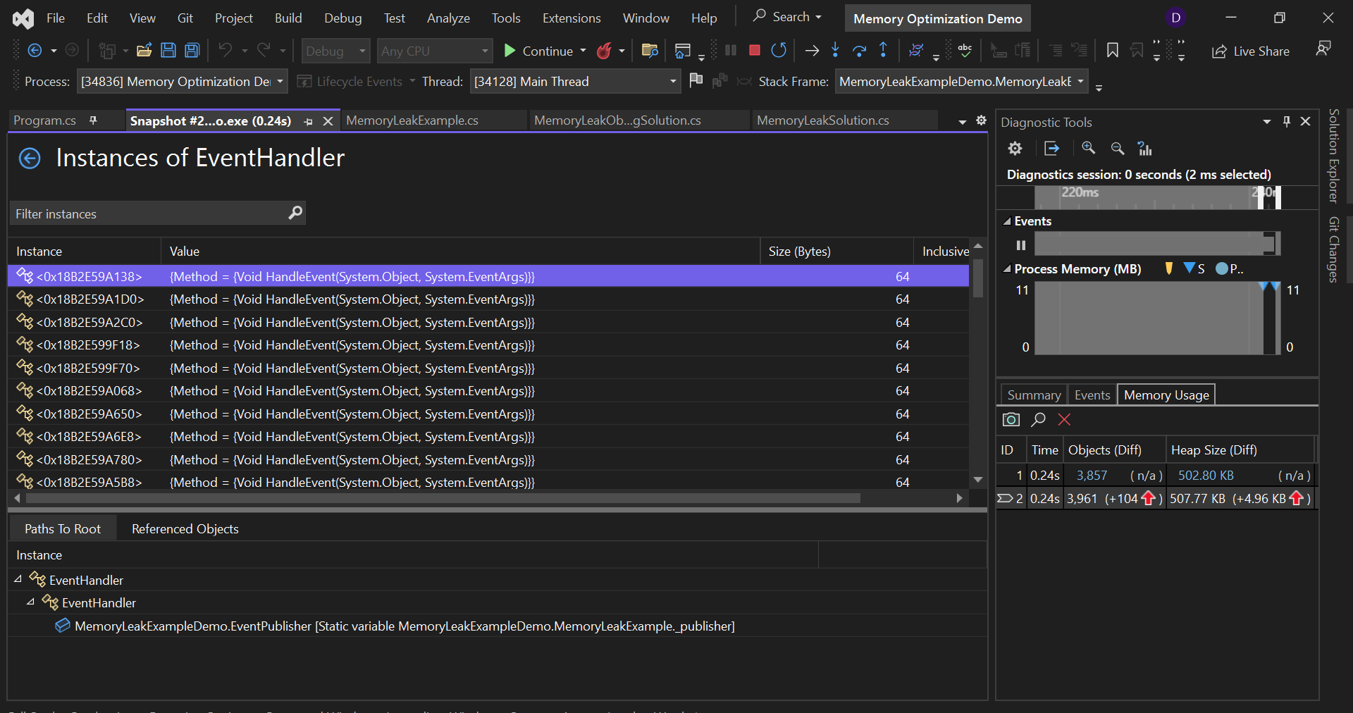 Instances of EventHandler in the VS Performance Profiler