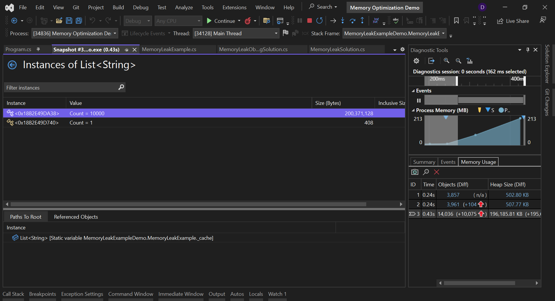 Instances of List<String> in the VS Performance Profiler