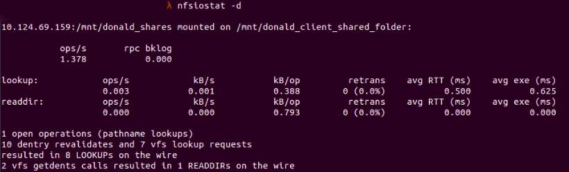 Fig. 8 : nfsiostat -d showing statistics for a directory that mounts to the NFS server