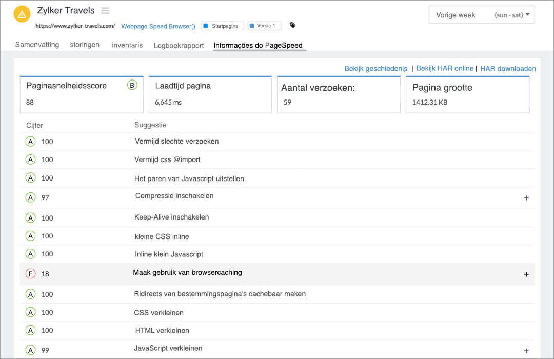 Image of passed and failed PageSpeed recommendations grouped by categories