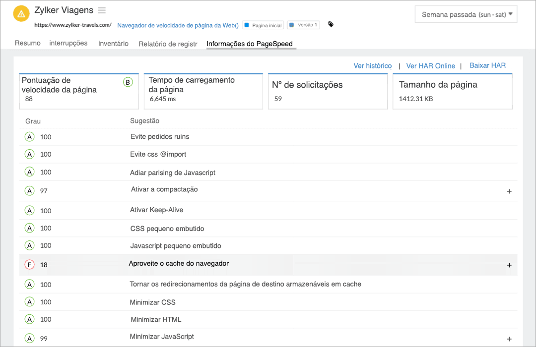 Image of passed and failed PageSpeed recommendations grouped by categories