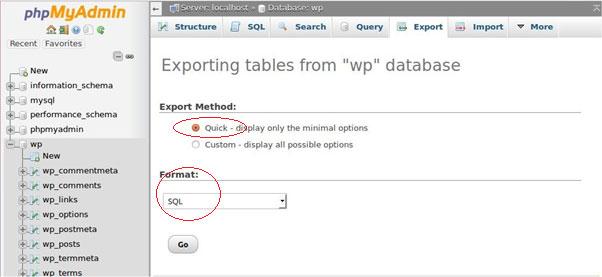 Choose the Quick option and click Go on the Export Method screen