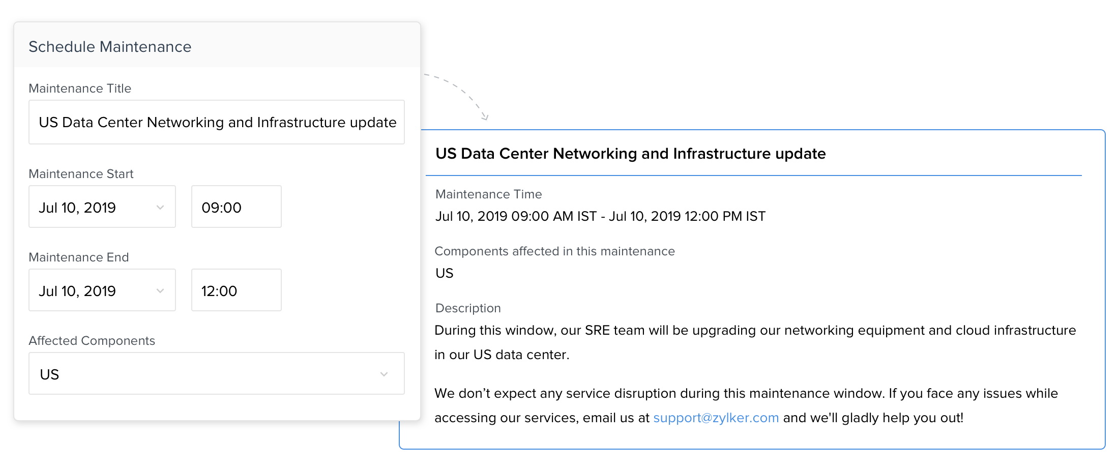 Planned maintenance event published on a status page.