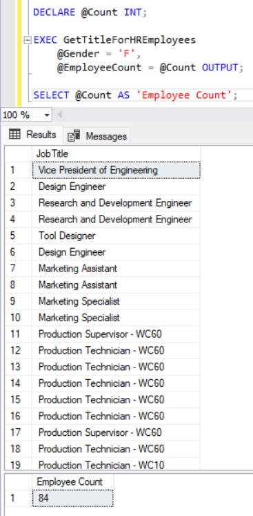 Results of a stored procedure with input and output parameters