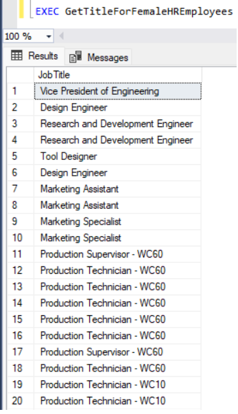 Results of a stored procedure to obtain the job titles of all female HR employees