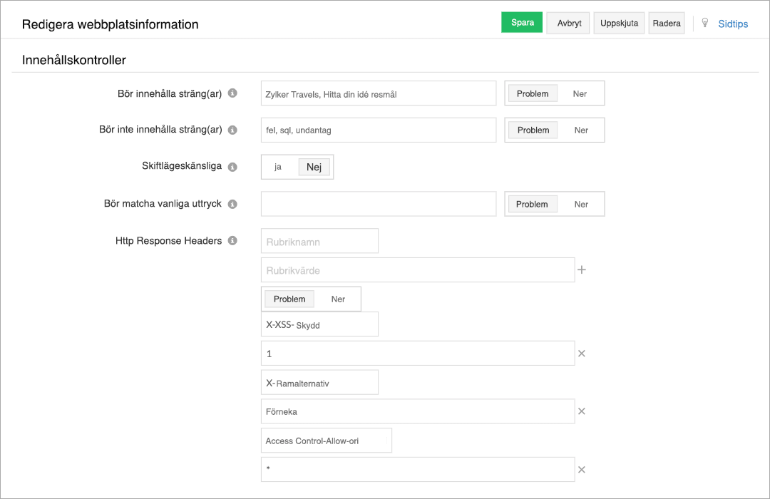 A form dispalying labels and corresponding input fields for content checks