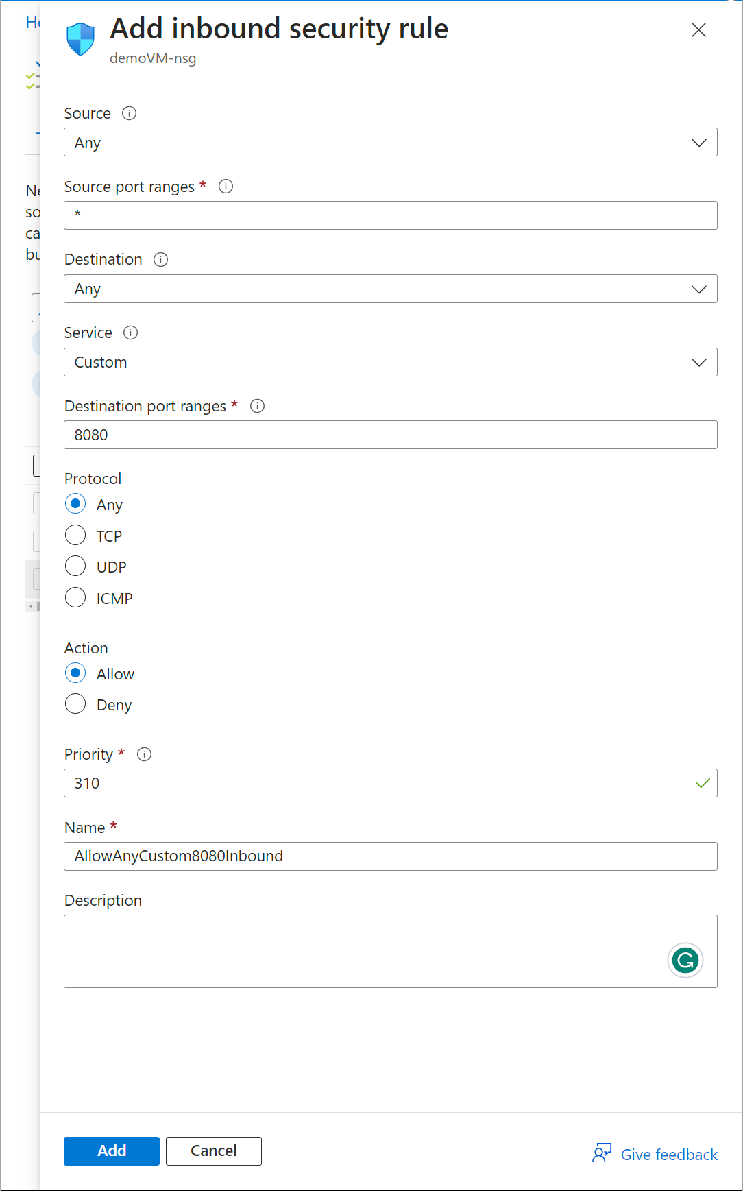 Inbound security rules for a VM