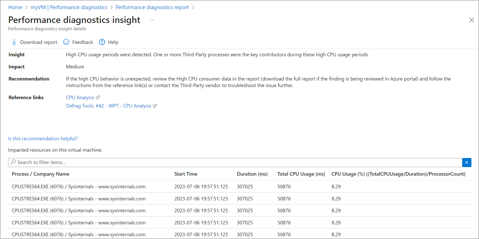 Azure VM’s performance diagnostics insights