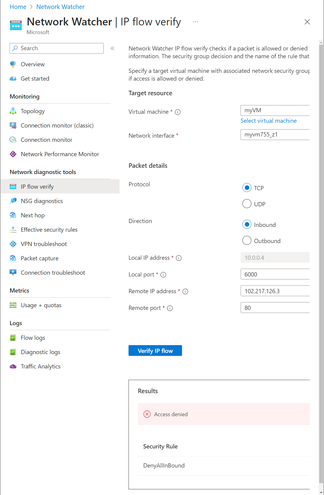 IP flow verify results