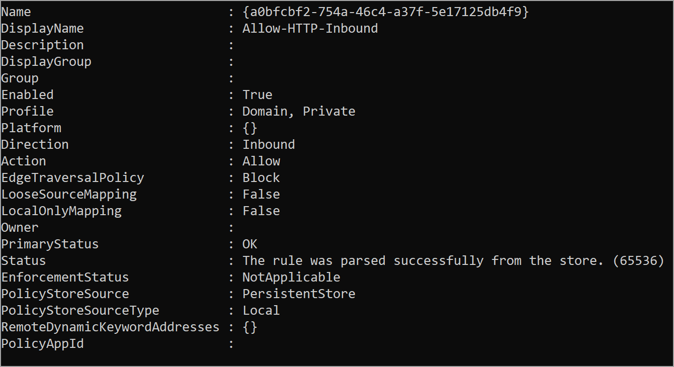 New firewall rule added to a Windows VM