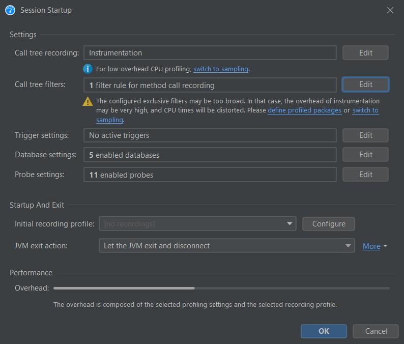 JProfiler session startup screen