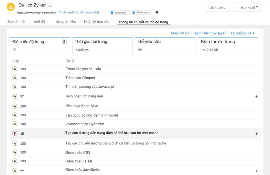 Image of passed and failed PageSpeed recommendations grouped by categories