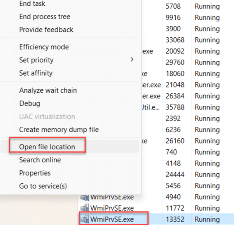 Determining the file location for the WmiPrvSE.exe process