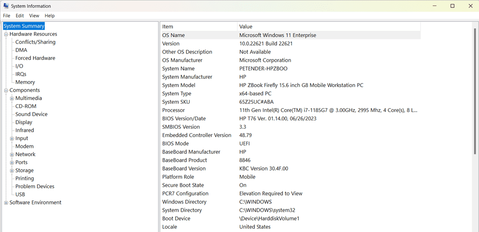 The Microsoft System Information application showing a system summary of the device hardware resources, components, and software environment information 