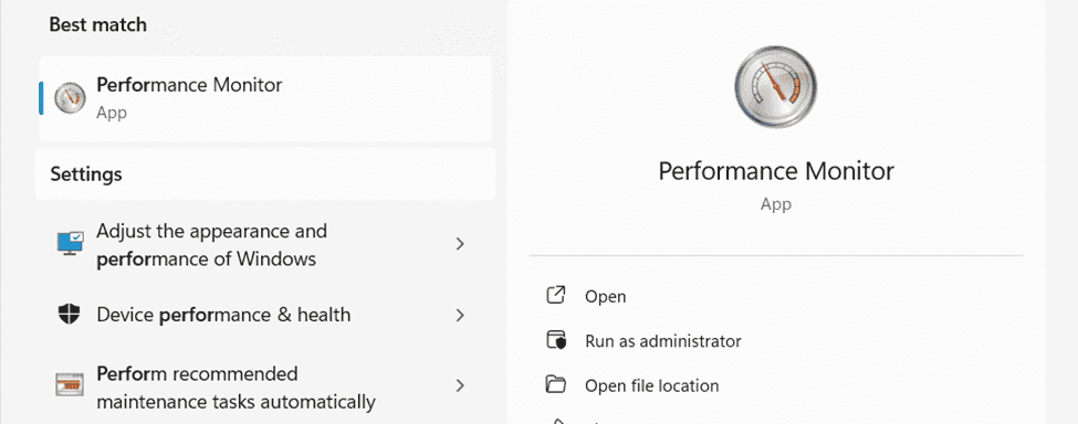 Performance Monitor in the Start menu