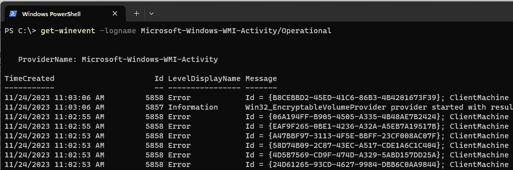 Retrieving WMI-Activity logs from Event Viewer using PowerShell