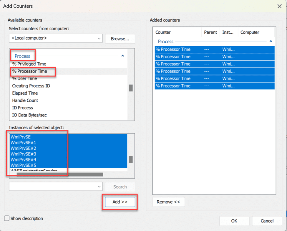 WmiPrvSE process counters for % Processor Time