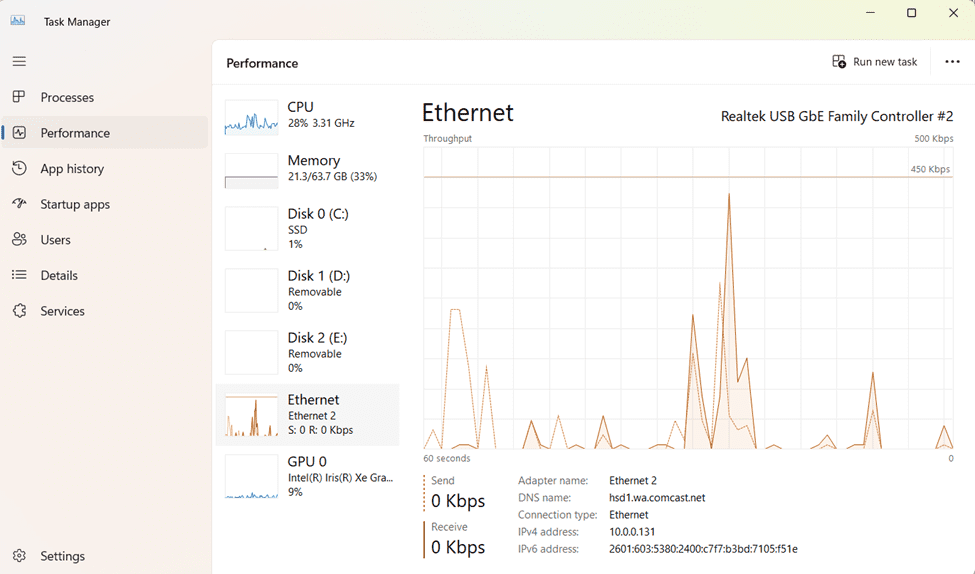 Real-time statistics about the network performance are visible in Task Manager, provided by the WMI Host Service 